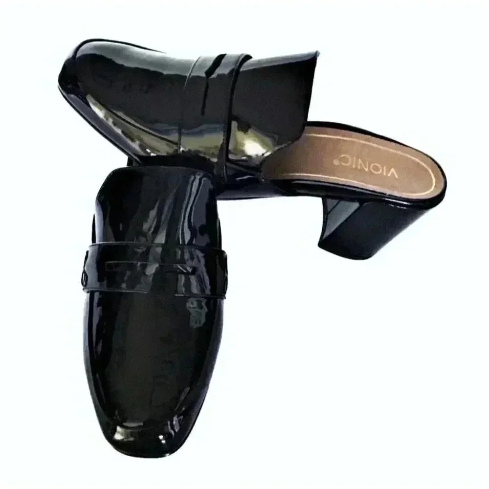 Vionic Plaza Annabel Mules Shoes Women 9.0 Black Patent Leather Block Heel NEW